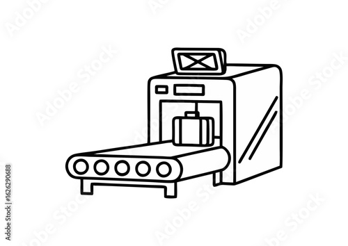 Airport security checkpoint illustration featuring conveyor belt and officer in minimalist style.