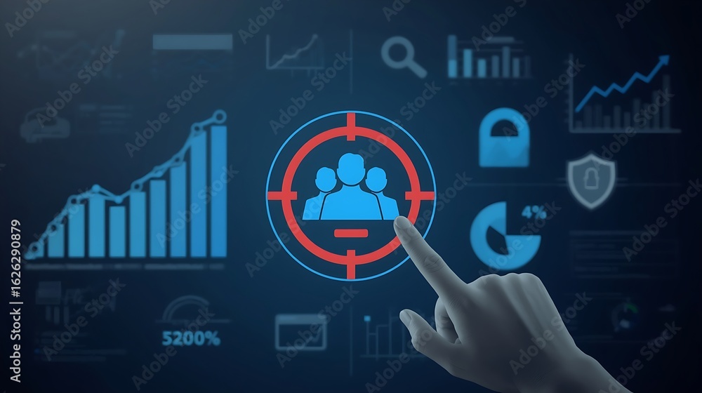 Hand interacting with a digital interface displaying data analytics and target audience Hand interacting with a digital interface displaying data analytics and target audience