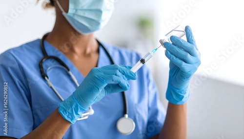 A healthcare professional in blue scrubs and a mask carefully prepares a vaccine, drawing it from a vial into a syringe.