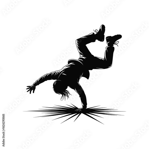 Silhouette of a breakdancer performing a handstand on a white background