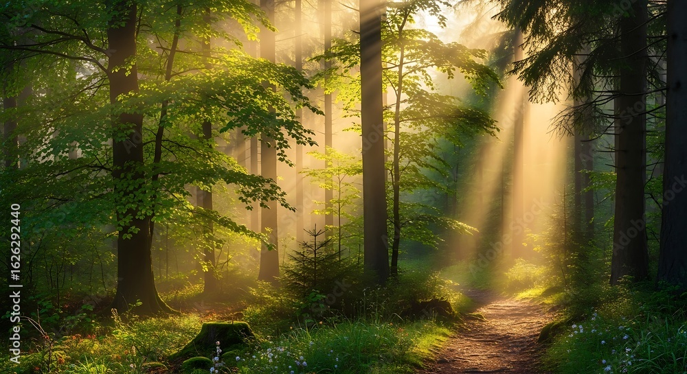 Fototapeta premium Golden sunbeams pierce through a lush green forest illuminating a winding path