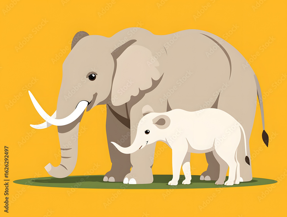 Fototapeta premium Elephant Family Illustration: A charming illustration depicts a large adult elephant and a small baby elephant standing together on a patch of green grass. The gentle scene, bathed in vibrant hues.