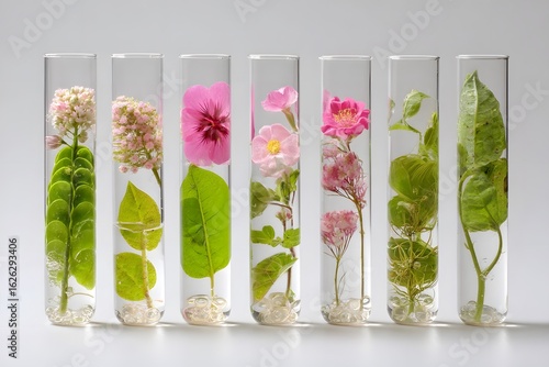 Clear test tubes with various plants inside.