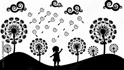 Silhouette of a child among dandelions with swirling clouds and seeds on a white background in black ink