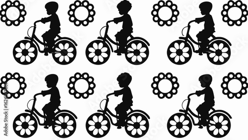 Silhouette pattern of children on flower wheeled bicycles and flower shapes on a white background repeat