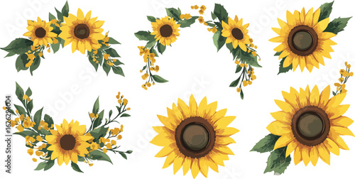 Vibrant watercolor sunflower elements including wreaths and individual blooms for decorative design