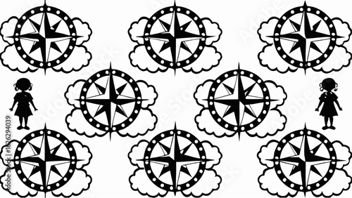 Black and white compasses with clouds and girl silhouettes arranged in a patterned background design