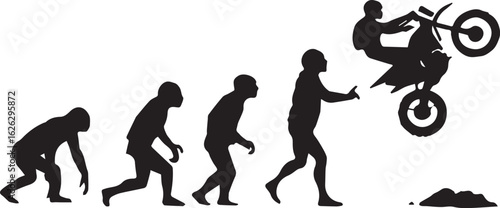  Human evolution vector silhouette, showing a man evolving into a motorcycle rider.