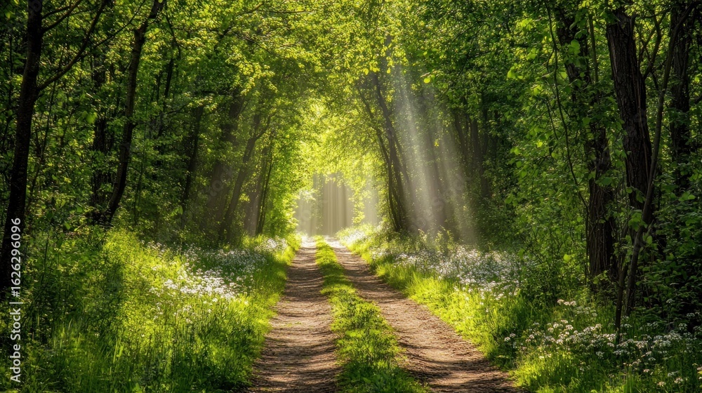 Obraz premium Sunbeams through a verdant forest path