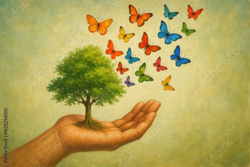 A Nurturing Hand A Symbolic Image of Growth, Hope, and Transformation with Butterflies