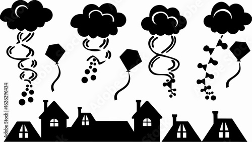 Black and white illustration of houses under stormy clouds with kites and rain in a simple vector style silhouette