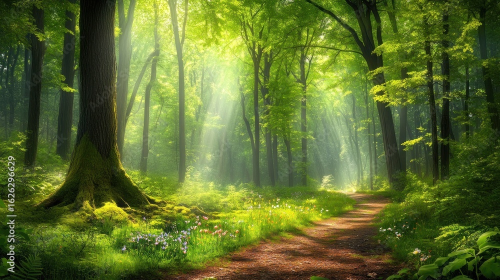 Fototapeta premium Sunlight streams through lush forest path