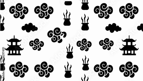 Seamless pattern of black pagodas, stylized clouds, and incense burners on a white background design element silhouette