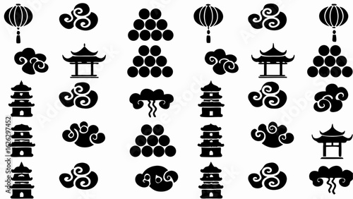 Illustration showing chinese lanterns clouds pagodas and stacked balls in a decorative repeating pattern design silhouette
