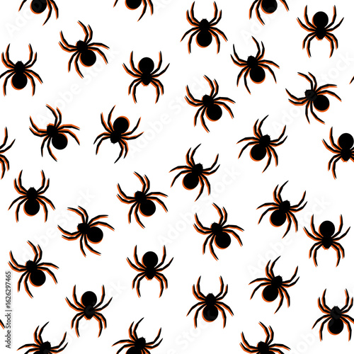 Halloween seamless pattern. Halloween black spiders on a transparent background. Illustrative design for fabric, textile, paper, wrapping paper