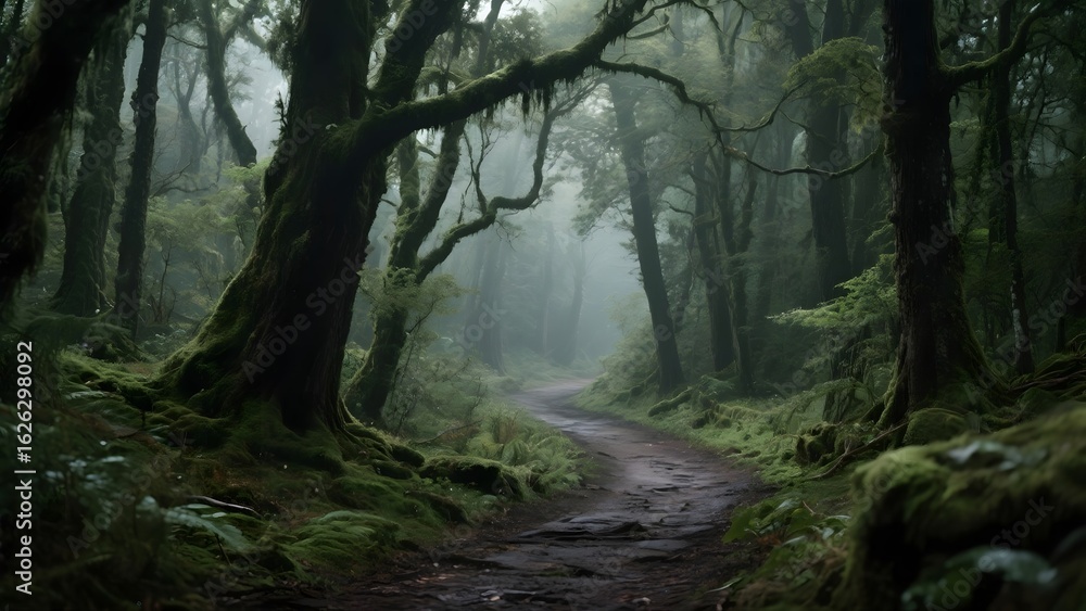 Fototapeta premium Misty Forest Pathway Lined with Moss-Covered Trees