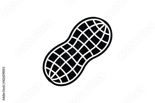 Simple black and white graphic illustration of a peanut with a detailed crosshatch pattern inside its shell presented as a clean silhouette