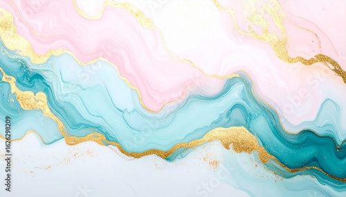Serene Waves of Pink and Teal Marble with Luxurious Gold Glitter Veins
