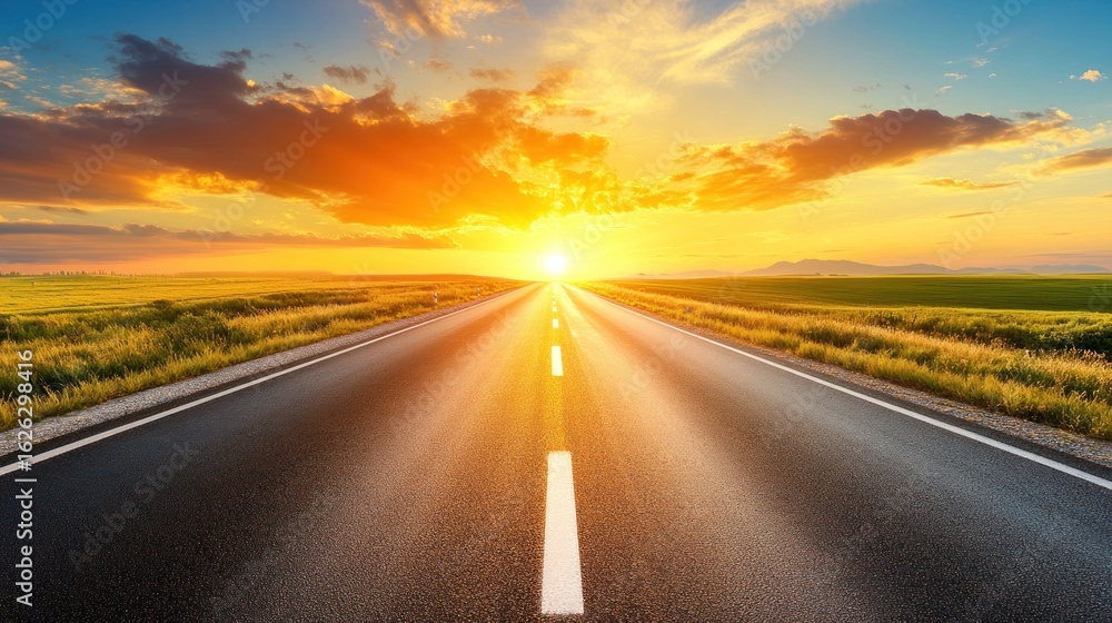 Naklejka premium Asphalt road stretches into golden sunset