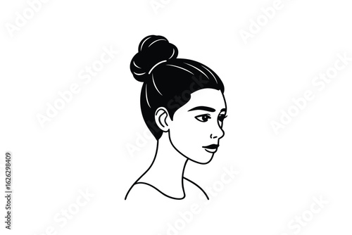 Elegant woman s profile silhouette with hair in a bun hand drawn sketch style on white background