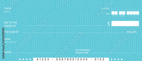 Blank bank cheque. Personal desk check template with empty field to fill