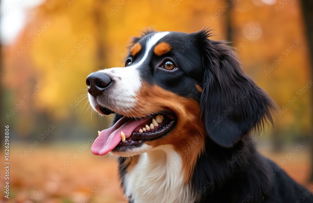 Bernese Mountain Dog portrait in autumn park. Purebred dog sits outdoors on cloudy day. Features furry mammal with black brown white fur, leash, collar. Yellow leaves background bokeh creates soft Bernese Mountain Dog portrait in autumn park. Purebred dog sits outdoors on cloudy day. Features furry mammal with black brown white fur, leash, collar. Yellow leaves background bokeh creates soft