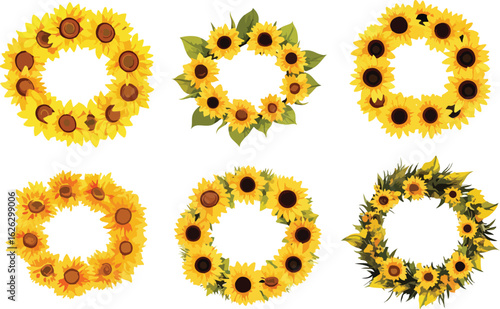 Six beautiful yellow sunflower wreaths arranged in a grid on a white background