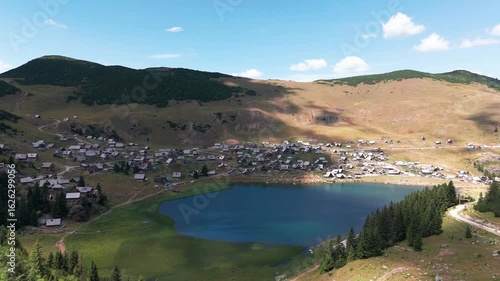Drone Footage of Prokosko Lake and Village on a Sunny Summer Day