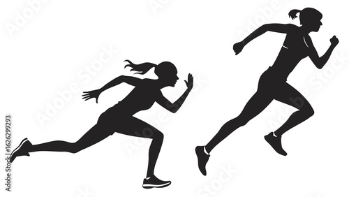 Two female athletes in silhouette running at full speed in a race against each other on white background