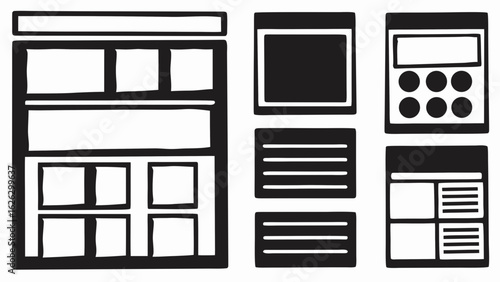 Illustration of multiple website layout wireframes showcasing different content block arrangements and structures