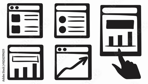 Illustration of five different browser windows displaying various data visualizations and a hand