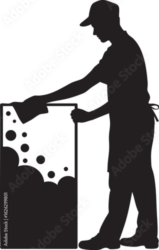 Shopkeeper Cleaning Counter with Bubbles Silhouette Vector Design, Transparent Background.