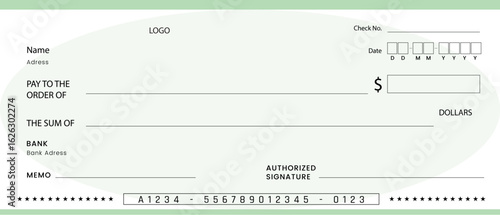 Blank bank cheque. Personal desk check template with empty field to fill