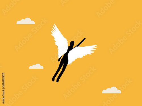 businessman flies on angel wings