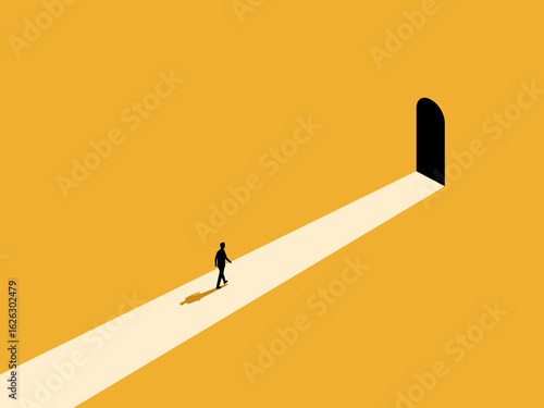 businessman walks toward a black door