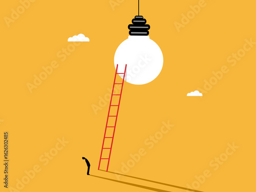 businessman finds his way up the stairs to find the light bulb