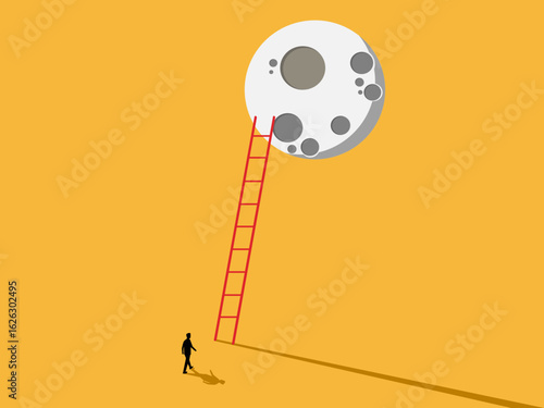 businessman ascends to the moon on a ladder