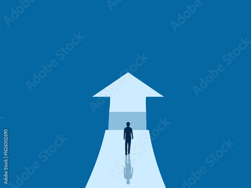 Businessman on an arrow with obstacles