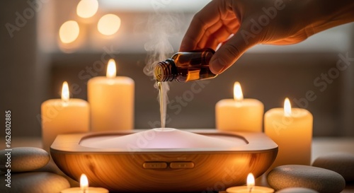 Aromatherapy Diffuser with Essential Oil Pouring Amidst Relaxing Candlelight and Spa Stones