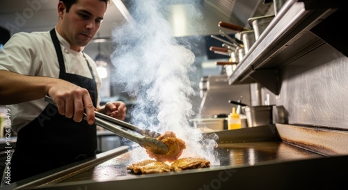 Professional Chef Cooking Meat with Tongs on a Steaming Commercial Grill in a Restaurant Kitchen