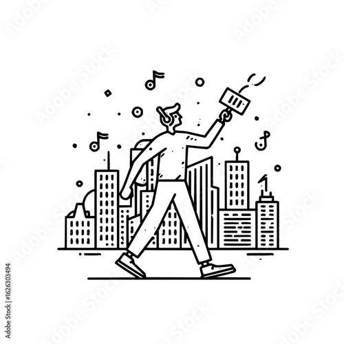 Man walking in city listening to music on headphones holding radio antenna broadcasting soundscape