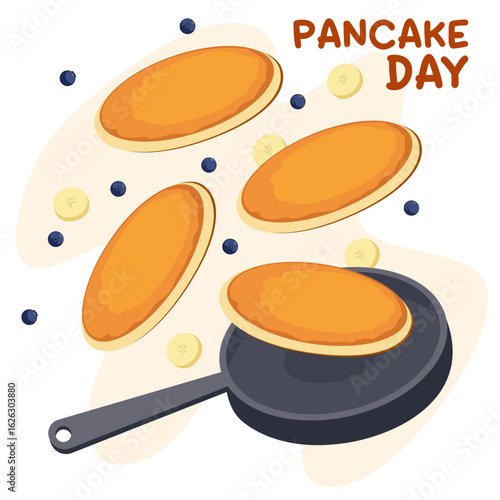 Pancake day. Pancakes are tossed in a frying pan. The pancake is in the air. Vector illustration.
