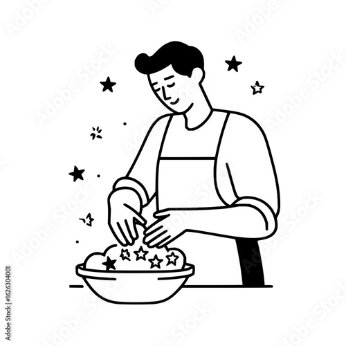 Man mixing star shaped ingredients in bowl wearing apron preparing food in kitchen illustration vector