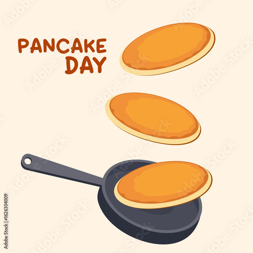 Pancake day. Pancakes are tossed in a frying pan. The pancake is in the air. Vector illustration.
