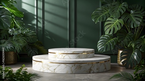 Tiered marble display platforms with gold trim and green plants