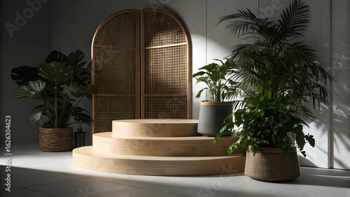 Tiered wooden display stage with arched screen and plants