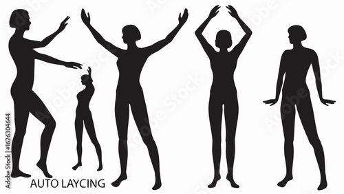 Black silhouettes of women in various poses with arms raised and outstretched on a white background