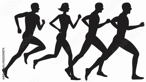 Silhouette of four people running in a race with arms pumping and legs in stride on a white background