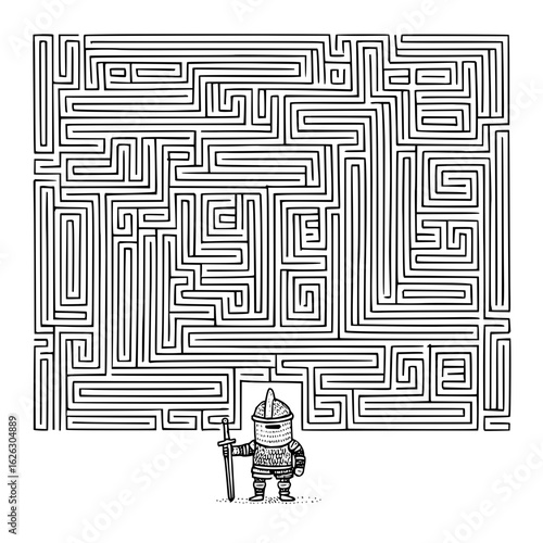 Illustration of a knight with a sword standing before a complex black and white square maze design