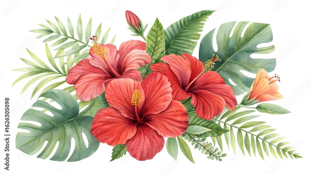 Naklejka premium Watercolor painting of red and orange hibiscus flowers with tropical leaves